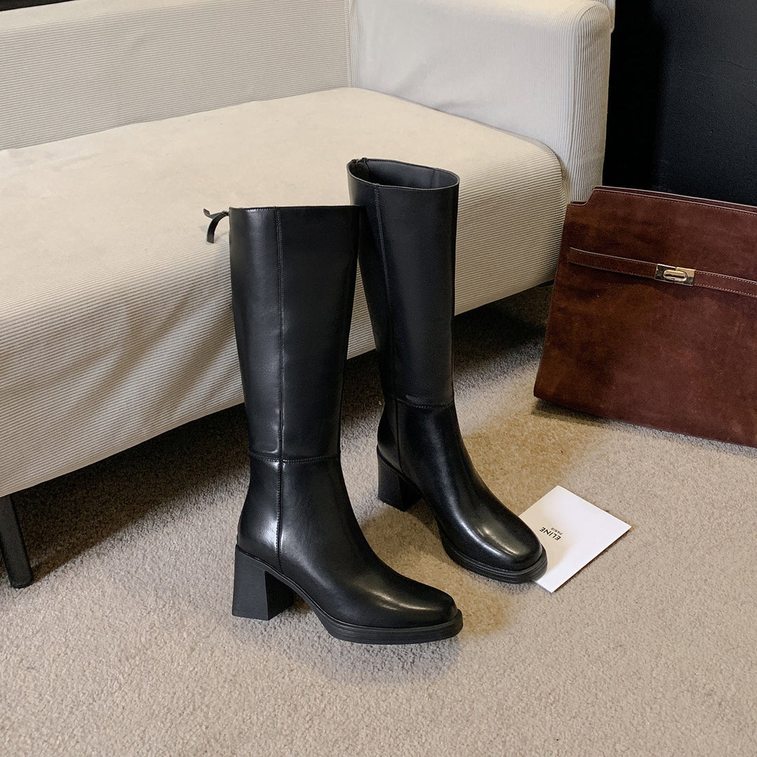 Joan | Polished Wide Calf Knee-High Block Heel Boots
