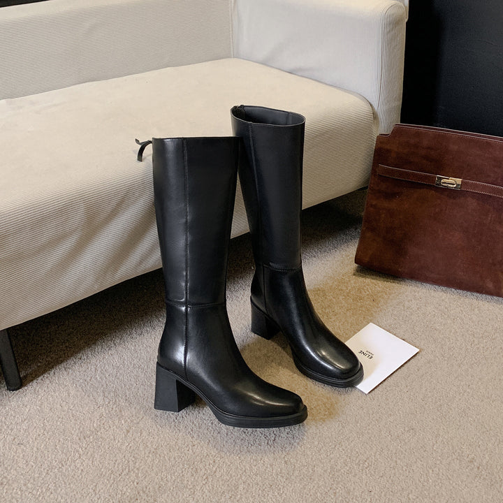 Joan | Polished Wide Calf Knee-High Block Heel Boots