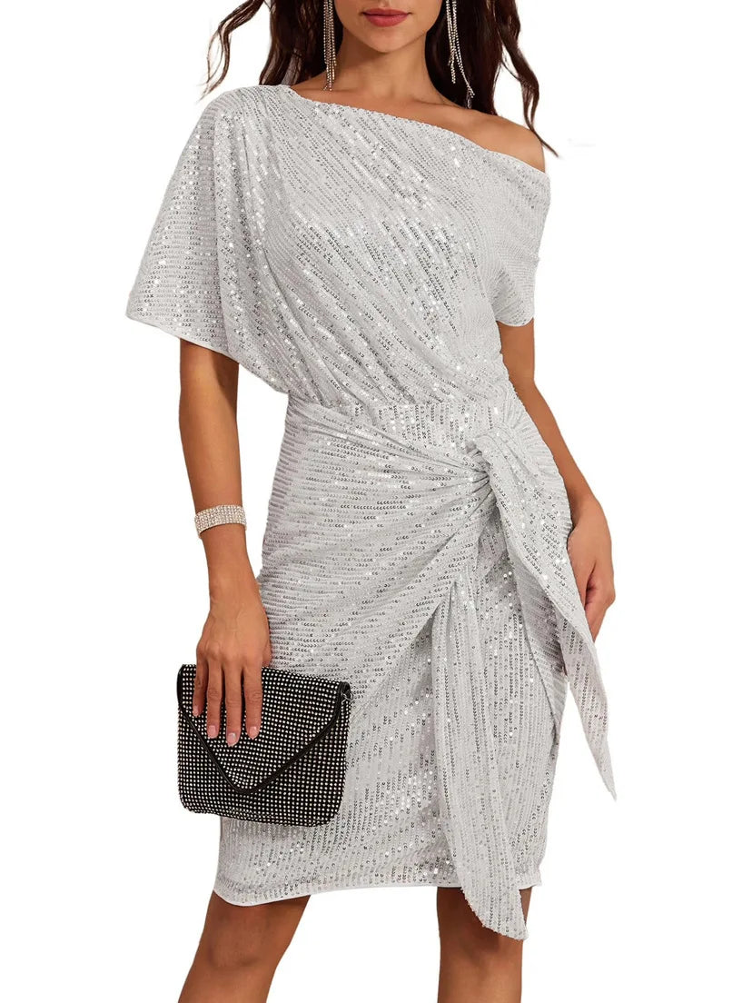 Joyce | Cozy Sequined One-Shoulder Winter Wedding Guest Midi Dress