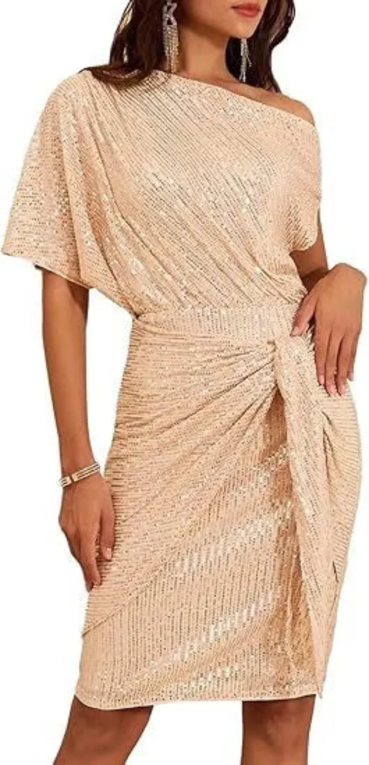 Joyce | Cozy Sequined One-Shoulder Winter Wedding Guest Midi Dress