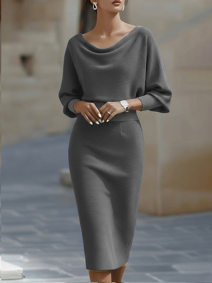Julia | Polished Fall Wedding Guest Dress with Cowl-Neck Bodycon Midi