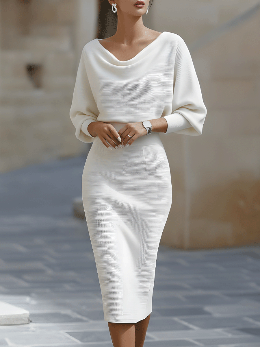 Julia | Polished Fall Wedding Guest Dress with Cowl-Neck Bodycon Midi