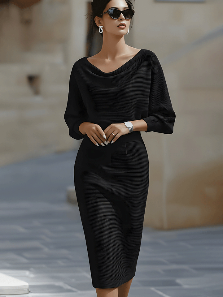 Julia | Polished Fall Wedding Guest Dress with Cowl-Neck Bodycon Midi