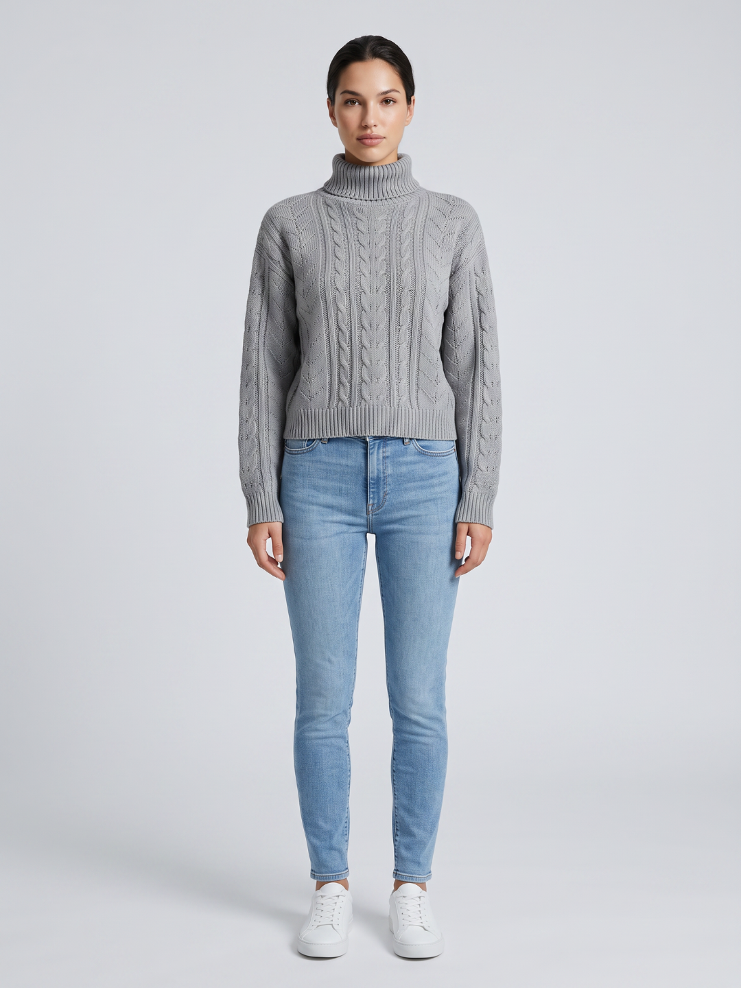 Julie | Classic Cable Knit Sweater with Turtleneck Collar and Ribbed Trim