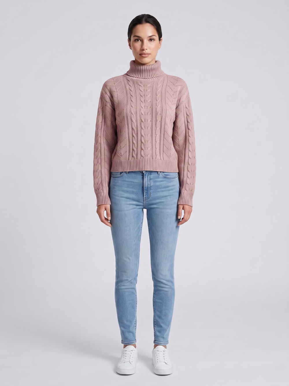 Julie | Classic Cable Knit Sweater with Turtleneck Collar and Ribbed Trim
