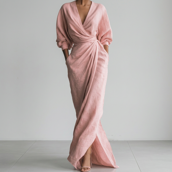 Julie | Classic Ruched Wrap Front Fall Wedding Guest Maxi Dress