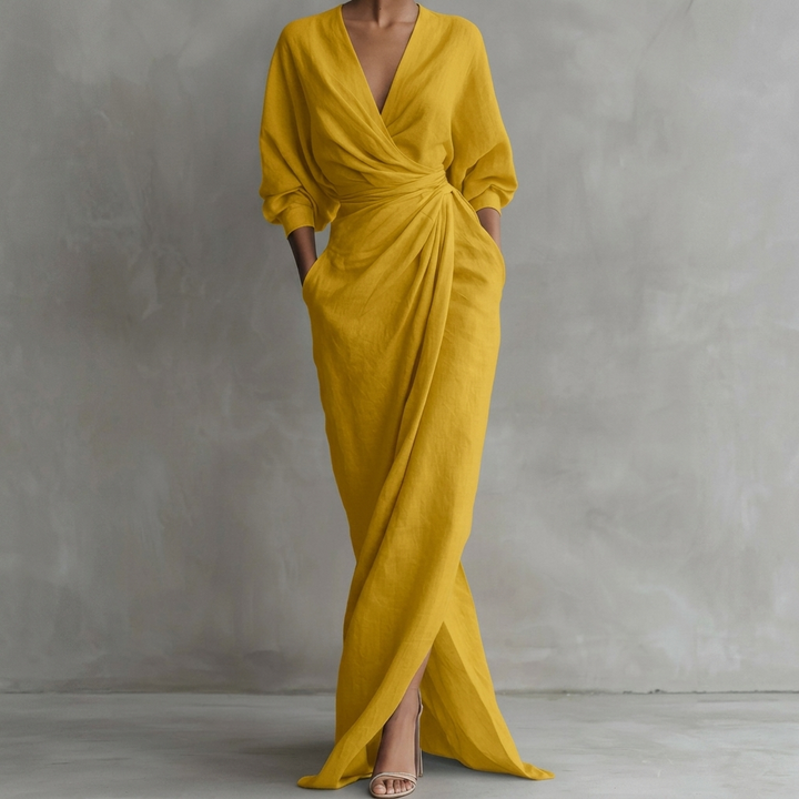 Julie | Classic Ruched Wrap Front Fall Wedding Guest Maxi Dress