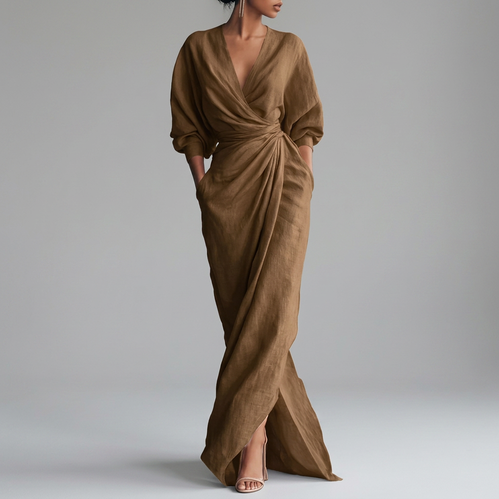 Julie | Classic Ruched Wrap Front Fall Wedding Guest Maxi Dress