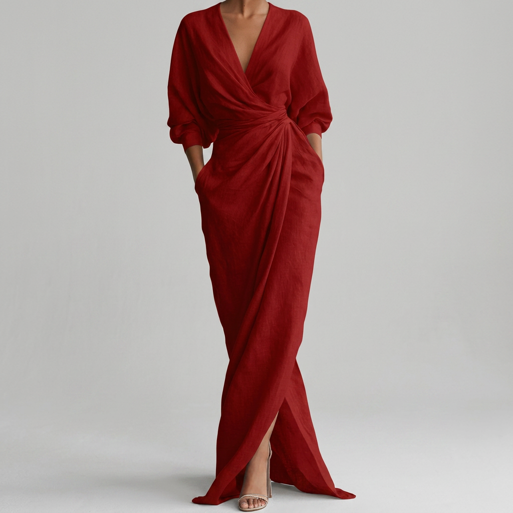 Julie | Classic Ruched Wrap Front Fall Wedding Guest Maxi Dress