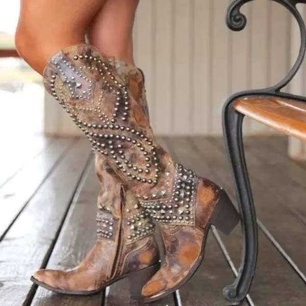 Karen | Cozy Studded Knee-High Western Cowboy Boots