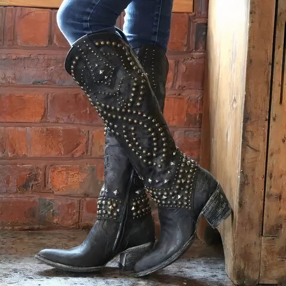 Karen | Cozy Studded Knee-High Western Cowboy Boots