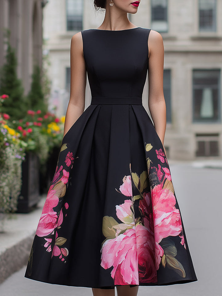 Karen | Polished Floral Pleated Fall Wedding Guest Midi Dress