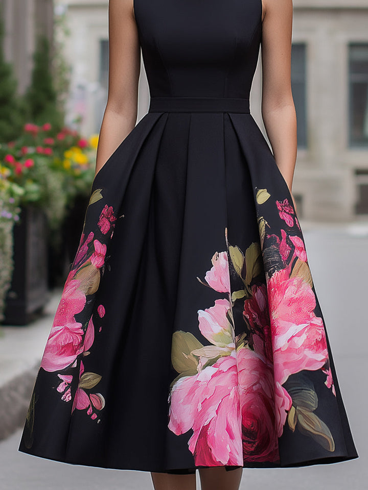 Karen | Polished Floral Pleated Fall Wedding Guest Midi Dress