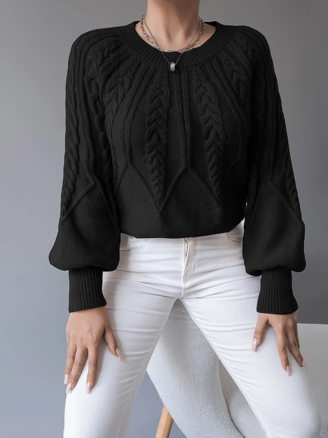 Katherine | Sophisticated Cropped Cable Knit Sweater with Lantern Sleeves