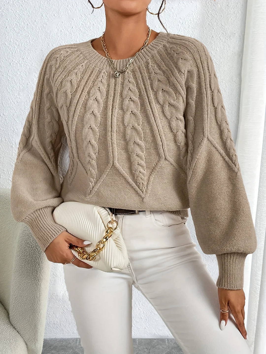 Katherine | Sophisticated Cropped Cable Knit Sweater with Lantern Sleeves