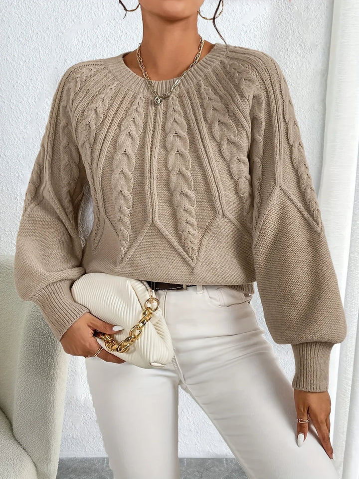 Katherine | Sophisticated Cropped Cable Knit Sweater with Lantern Sleeves