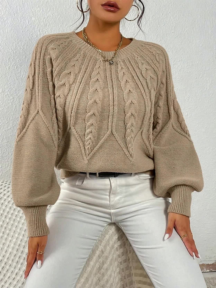 Katherine | Sophisticated Cropped Cable Knit Sweater with Lantern Sleeves