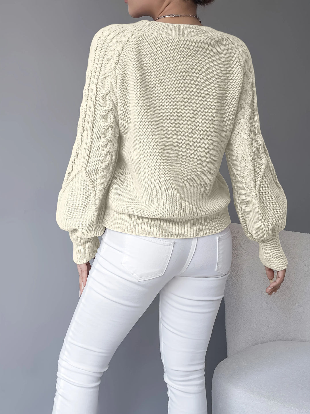 Katherine | Sophisticated Cropped Cable Knit Sweater with Lantern Sleeves