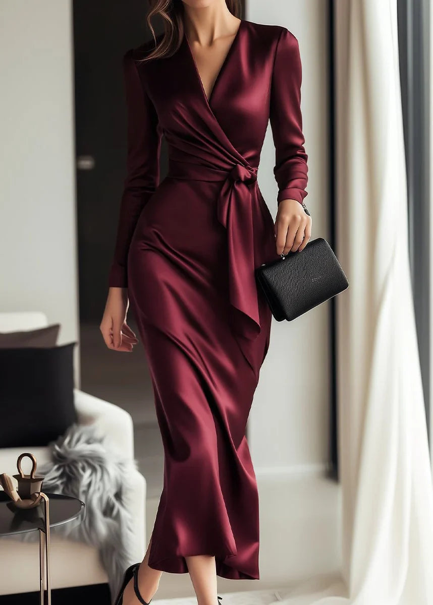 Kathleen | Chic Wrap V-Neck Fall Wedding Guest Maxi Dress