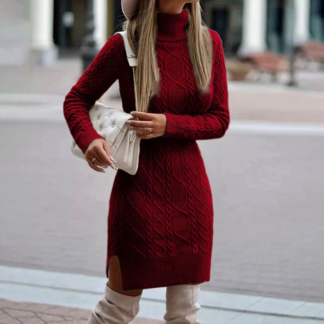 Kathleen | Long Sleeve Cable Knit Turtleneck Sweater Dress