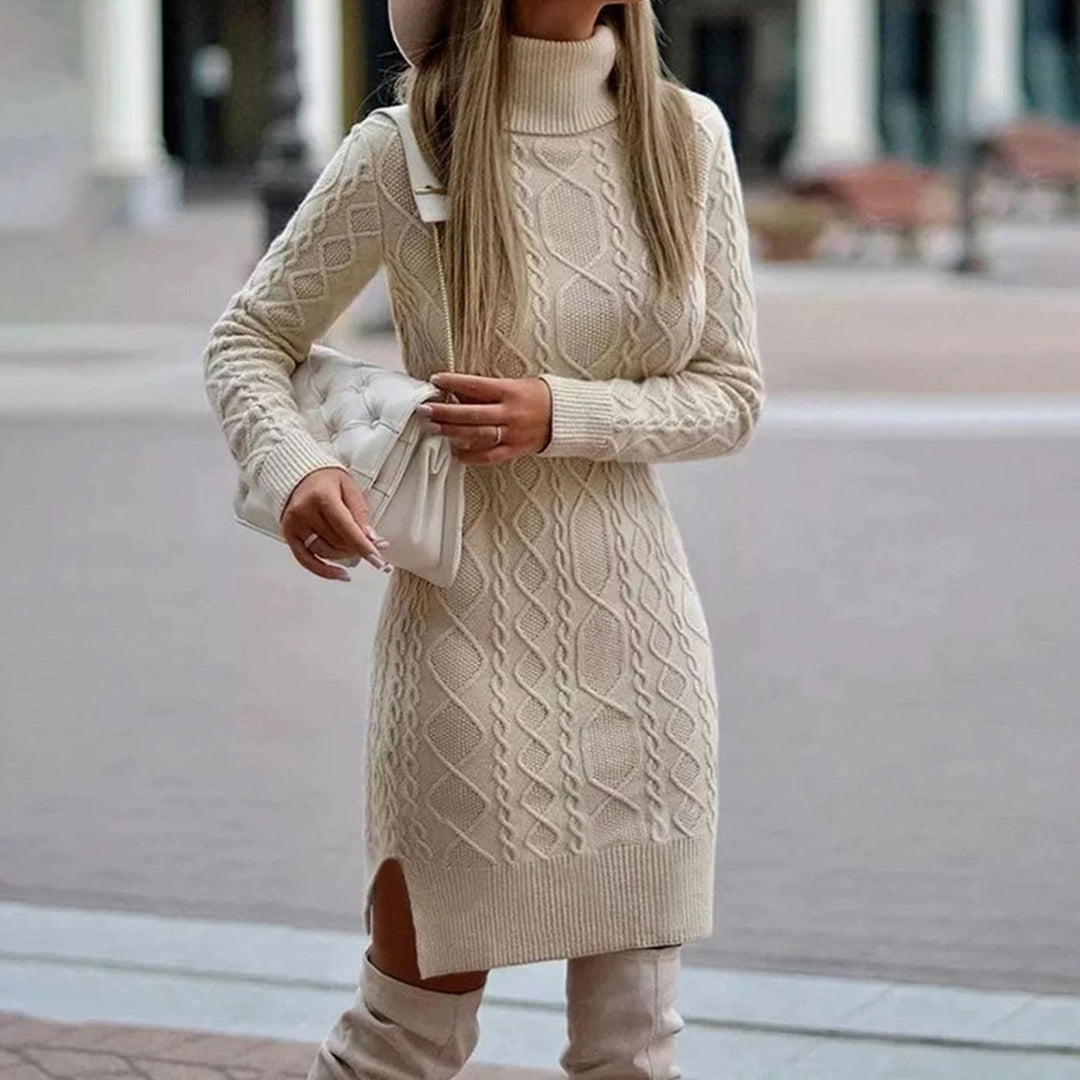 Kathleen | Long Sleeve Cable Knit Turtleneck Sweater Dress