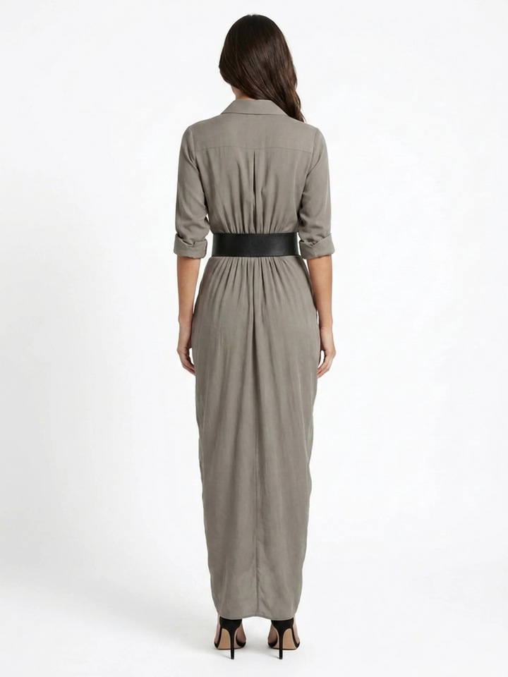 Kathleen | Sophisticated Belted Shirt Collar Fall Wedding Guest Dress