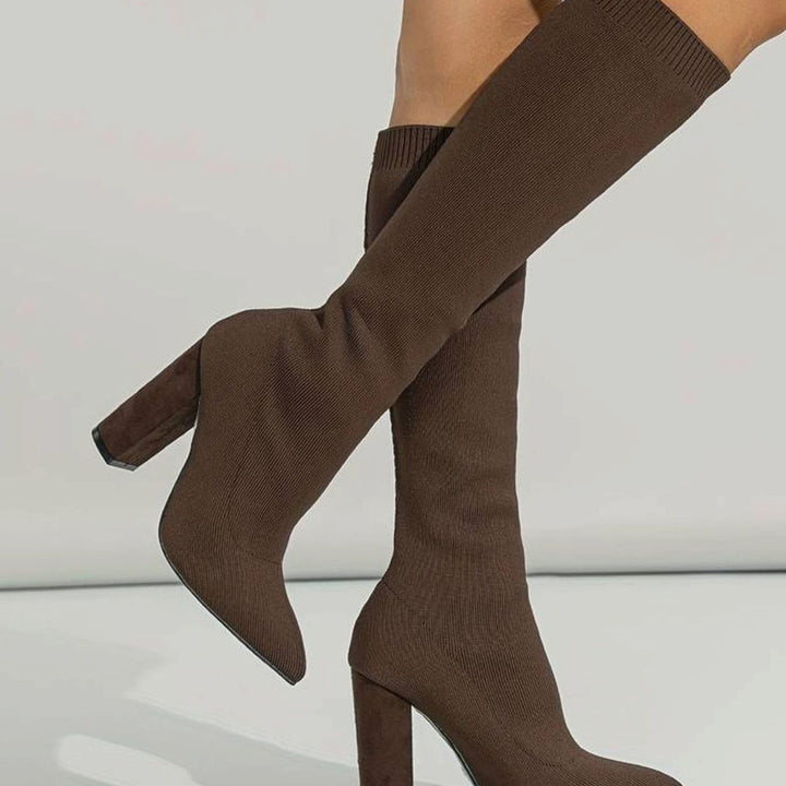 Kathleen | Sophisticated Knit Knee High Sock Boots Block Heel