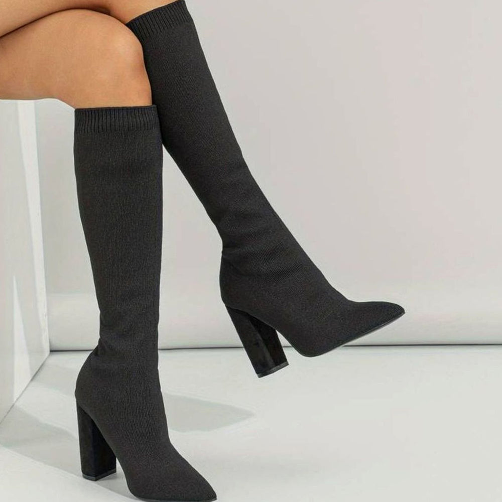 Kathleen | Sophisticated Knit Knee High Sock Boots Block Heel