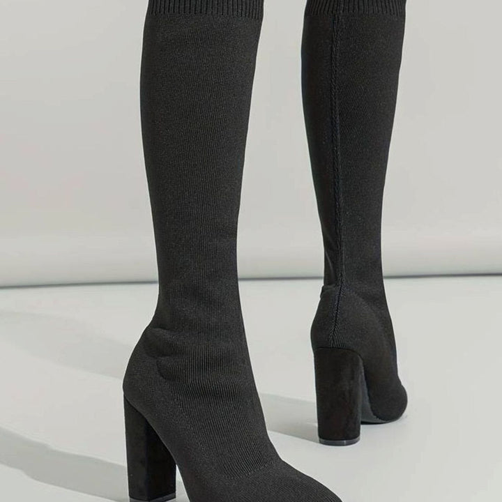 Kathleen | Sophisticated Knit Knee High Sock Boots Block Heel