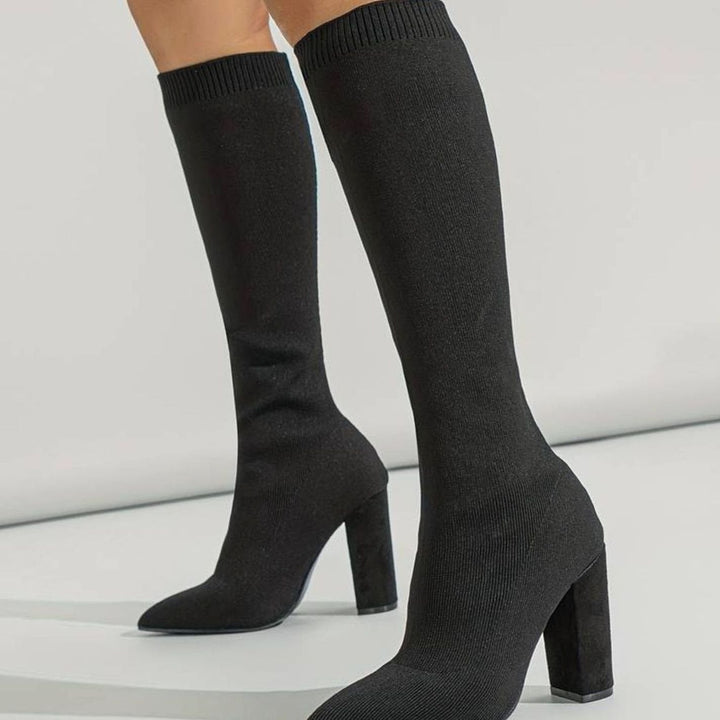 Kathleen | Sophisticated Knit Knee High Sock Boots Block Heel