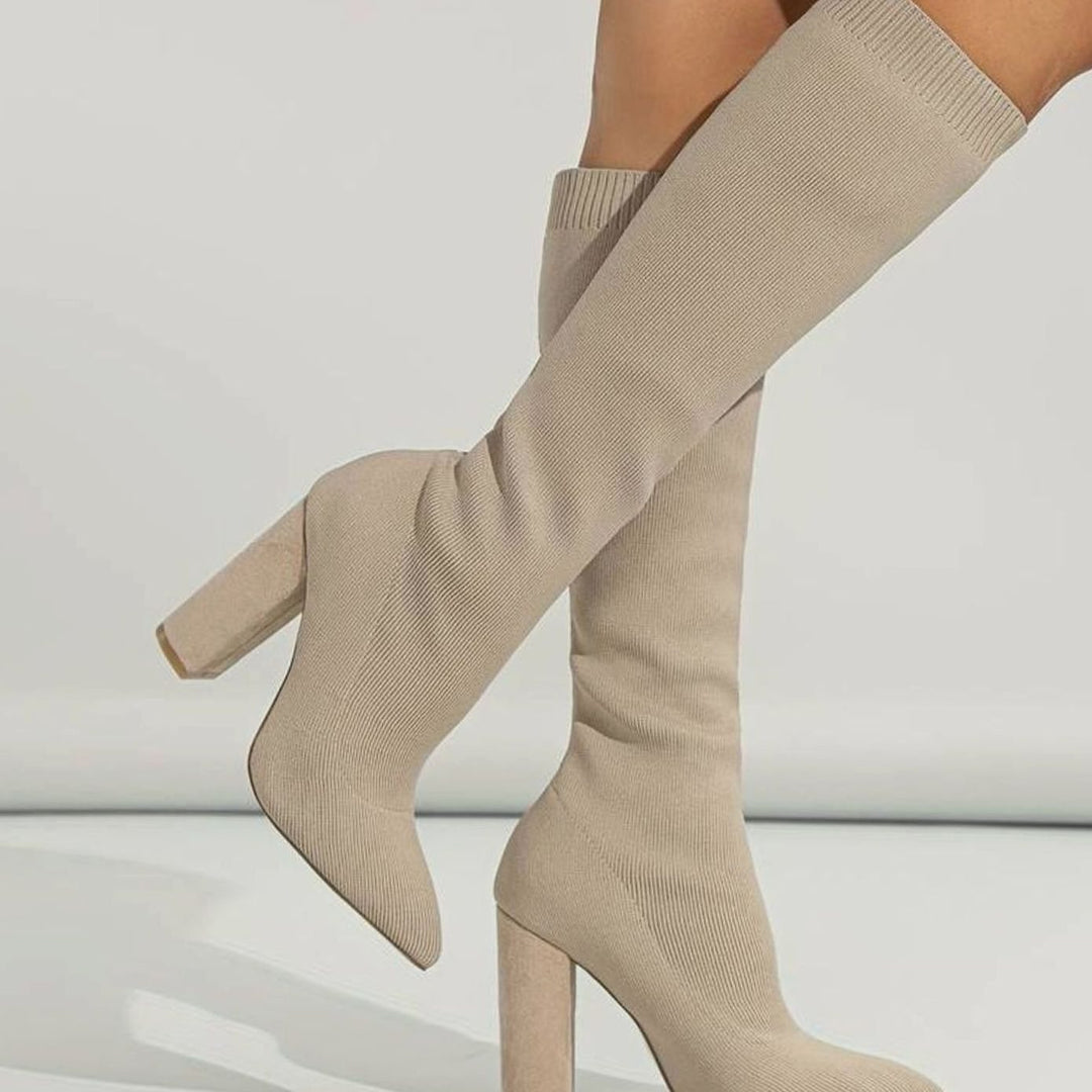 Kathleen | Sophisticated Knit Knee High Sock Boots Block Heel