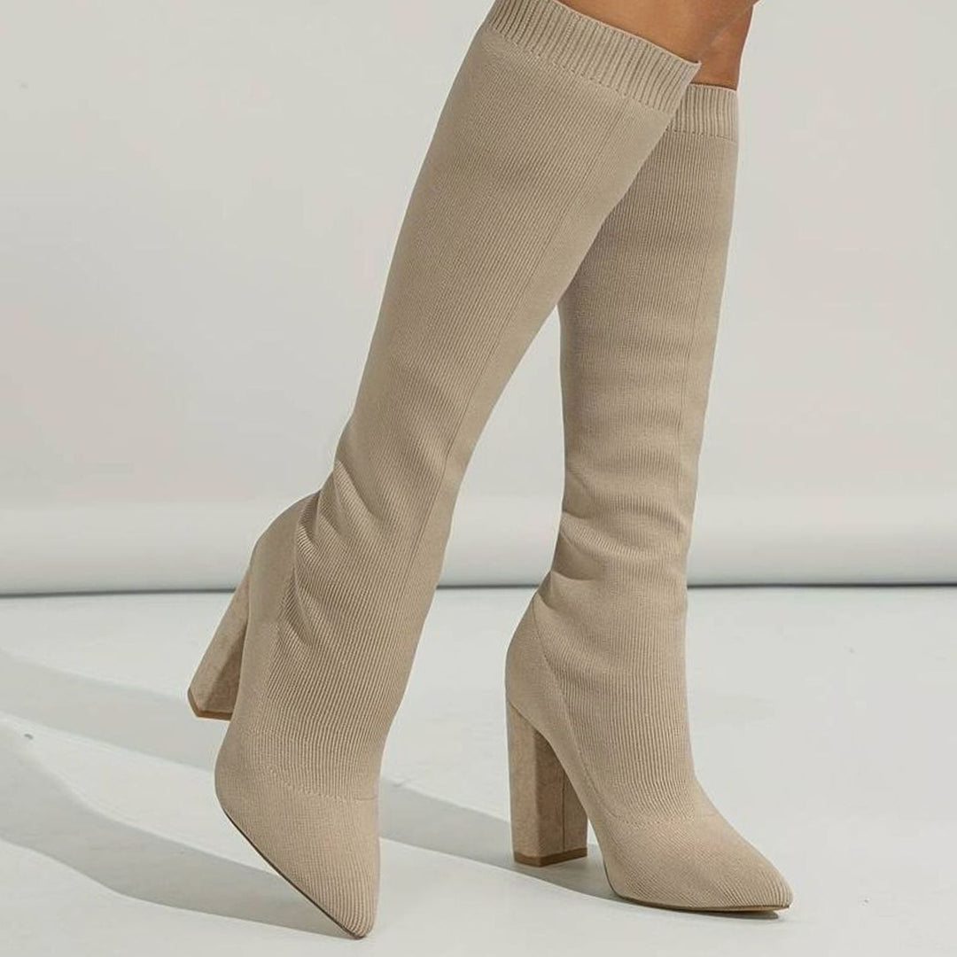 Kathleen | Sophisticated Knit Knee High Sock Boots Block Heel