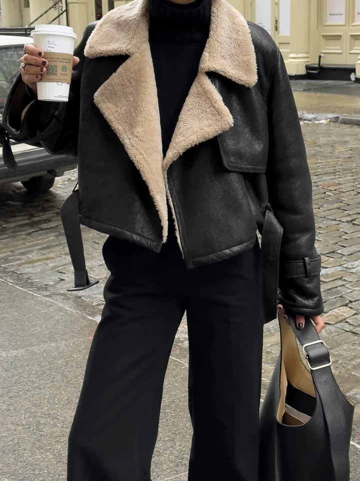Kathryn | Elegant Sherpa Lined Shearling Moto Jacket