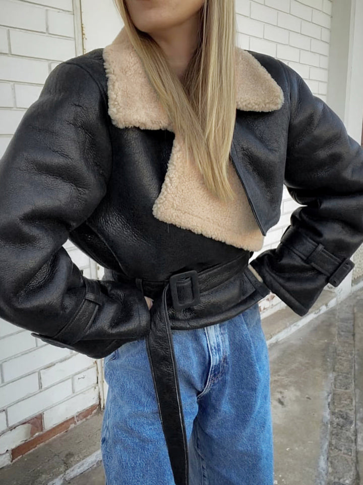 Kathryn | Elegant Sherpa Lined Shearling Moto Jacket