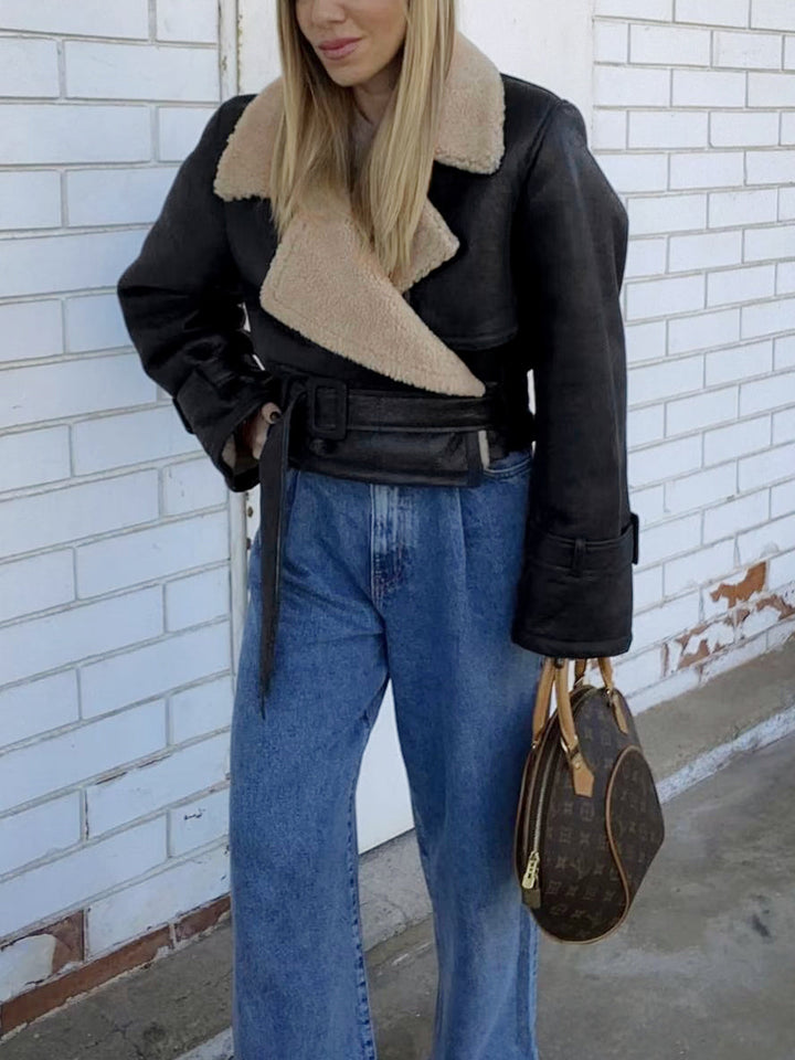 Kathryn | Elegant Sherpa Lined Shearling Moto Jacket