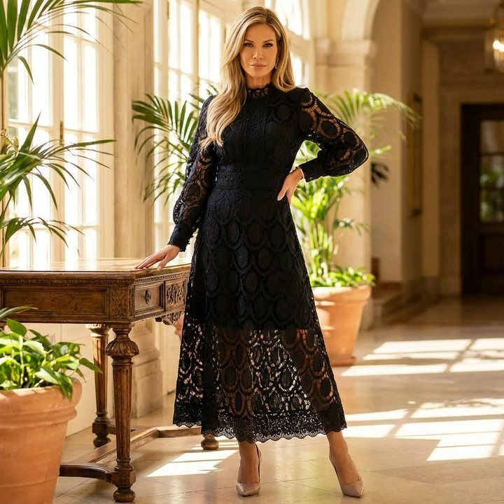 Kathryn | Relaxed Lace Mock Neck Fall Wedding Guest Maxi Dress