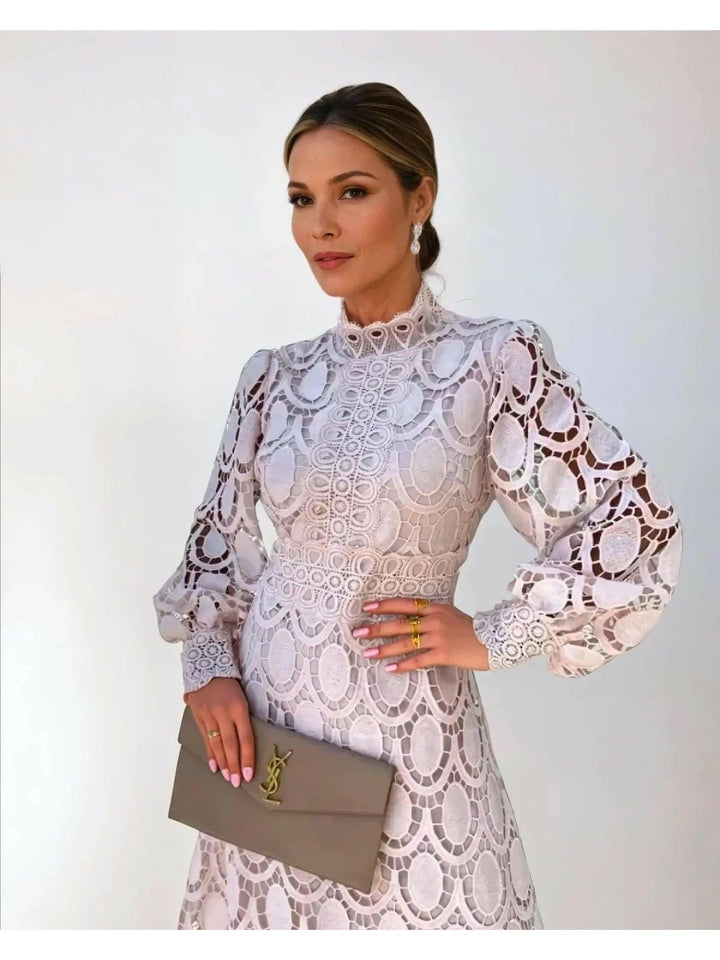 Kathryn | Relaxed Lace Mock Neck Fall Wedding Guest Maxi Dress