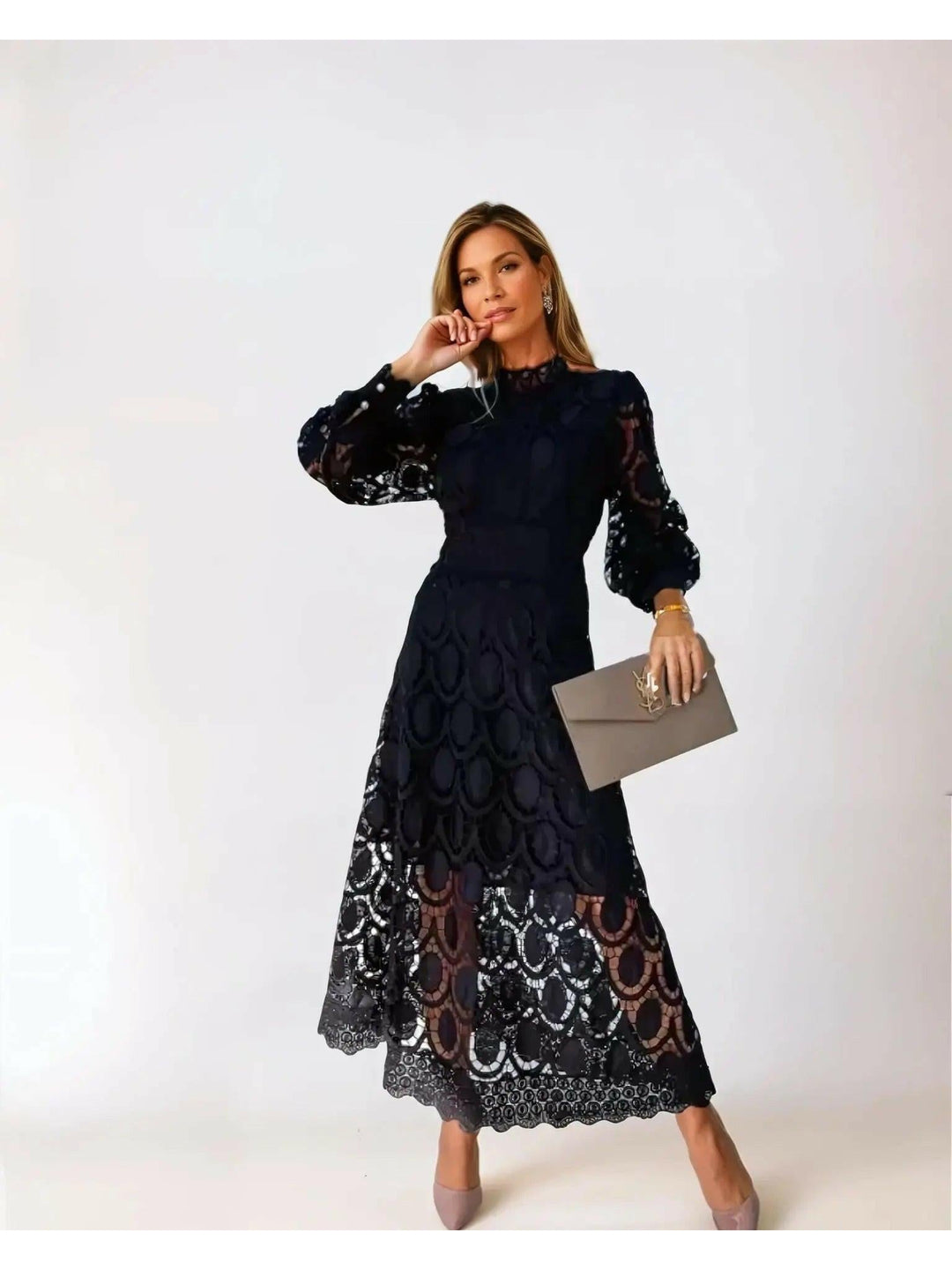 Kathryn | Relaxed Lace Mock Neck Fall Wedding Guest Maxi Dress