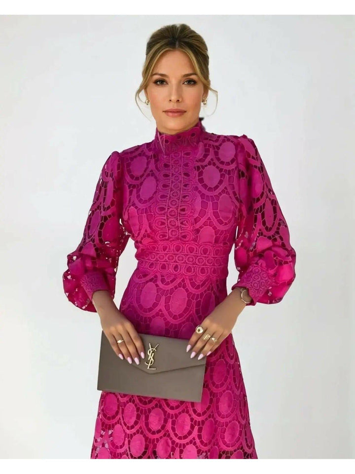Kathryn | Relaxed Lace Mock Neck Fall Wedding Guest Maxi Dress