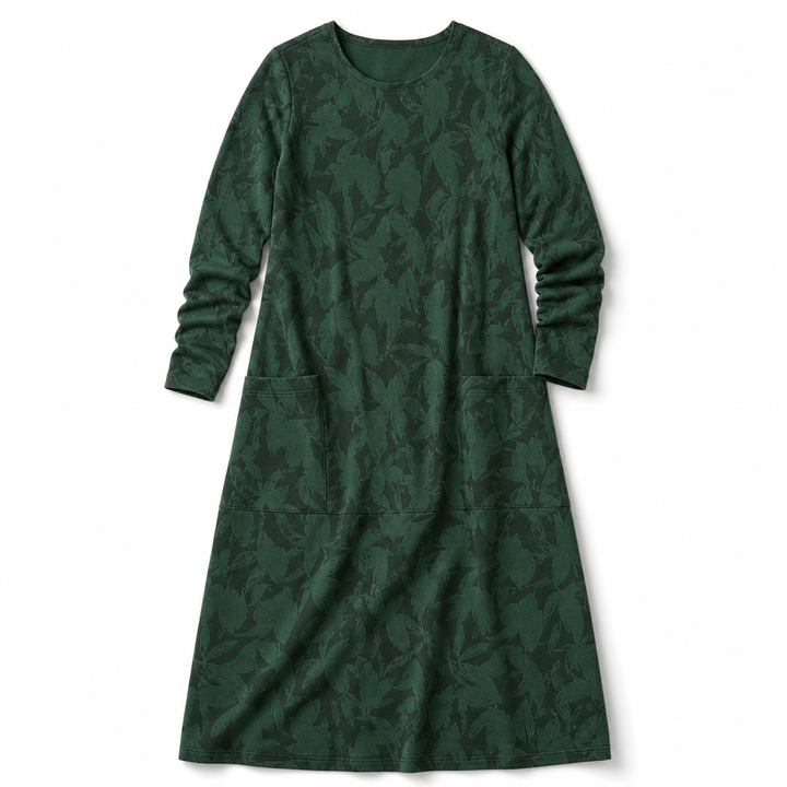 Kayla | Chic Leaf Print Midi Sweater Dress with Pockets