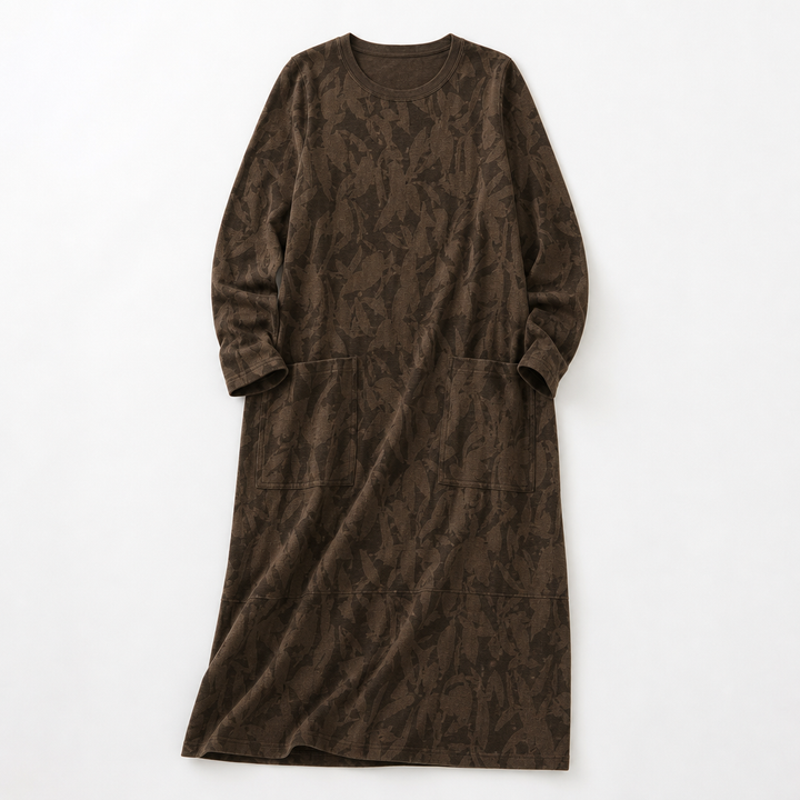 Kayla | Chic Leaf Print Midi Sweater Dress with Pockets