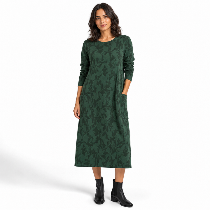 Kayla | Chic Leaf Print Midi Sweater Dress with Pockets
