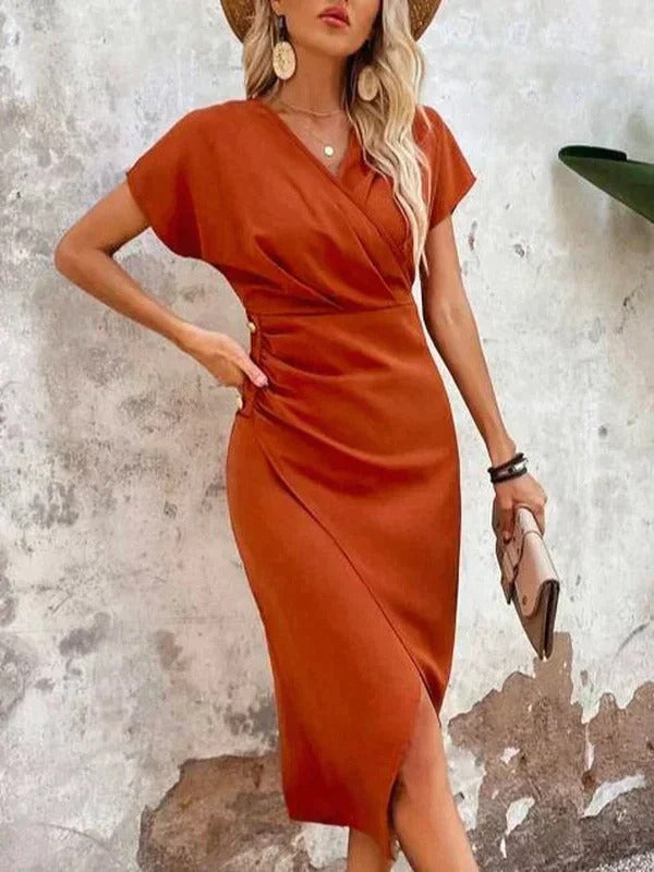 Kayla | Graceful Wrap V-Neck Midi Christmas Party Dress