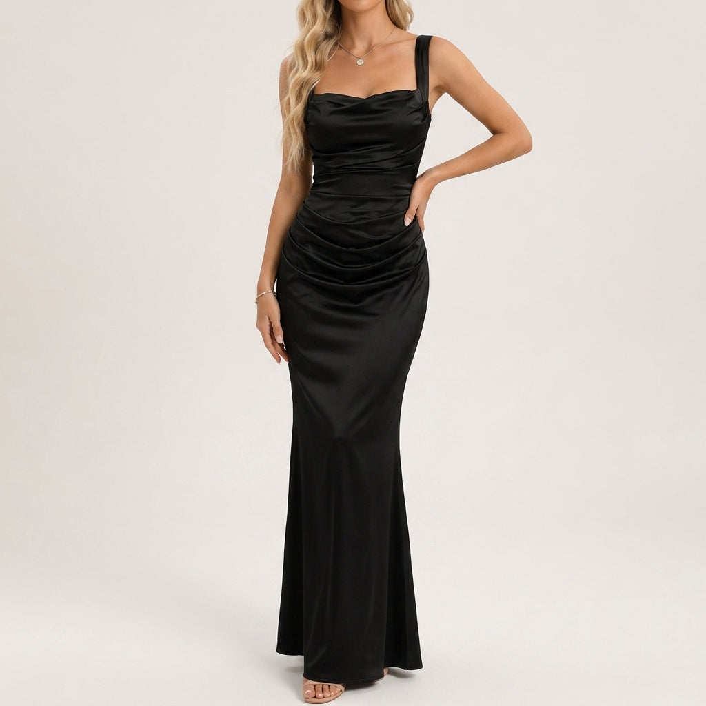 Kayla | Polished Satin Cowl Neck Fall Wedding Guest Dress