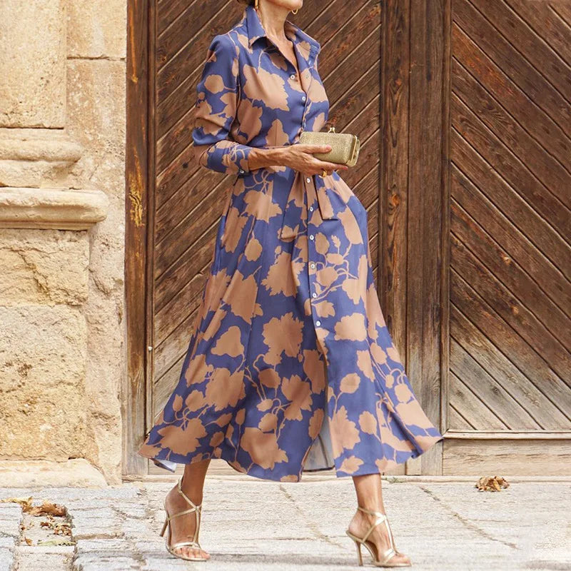 Kelly | Polished Floral Button-Front Fall Wedding Guest Midi Dress