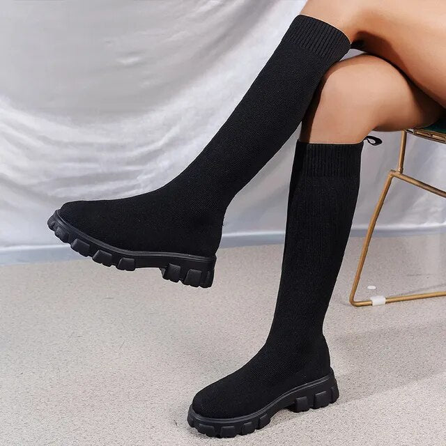 Kelly | Sophisticated Knit Knee High Platform Boots