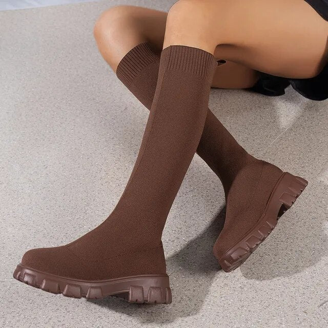 Kelly | Sophisticated Knit Knee High Platform Boots