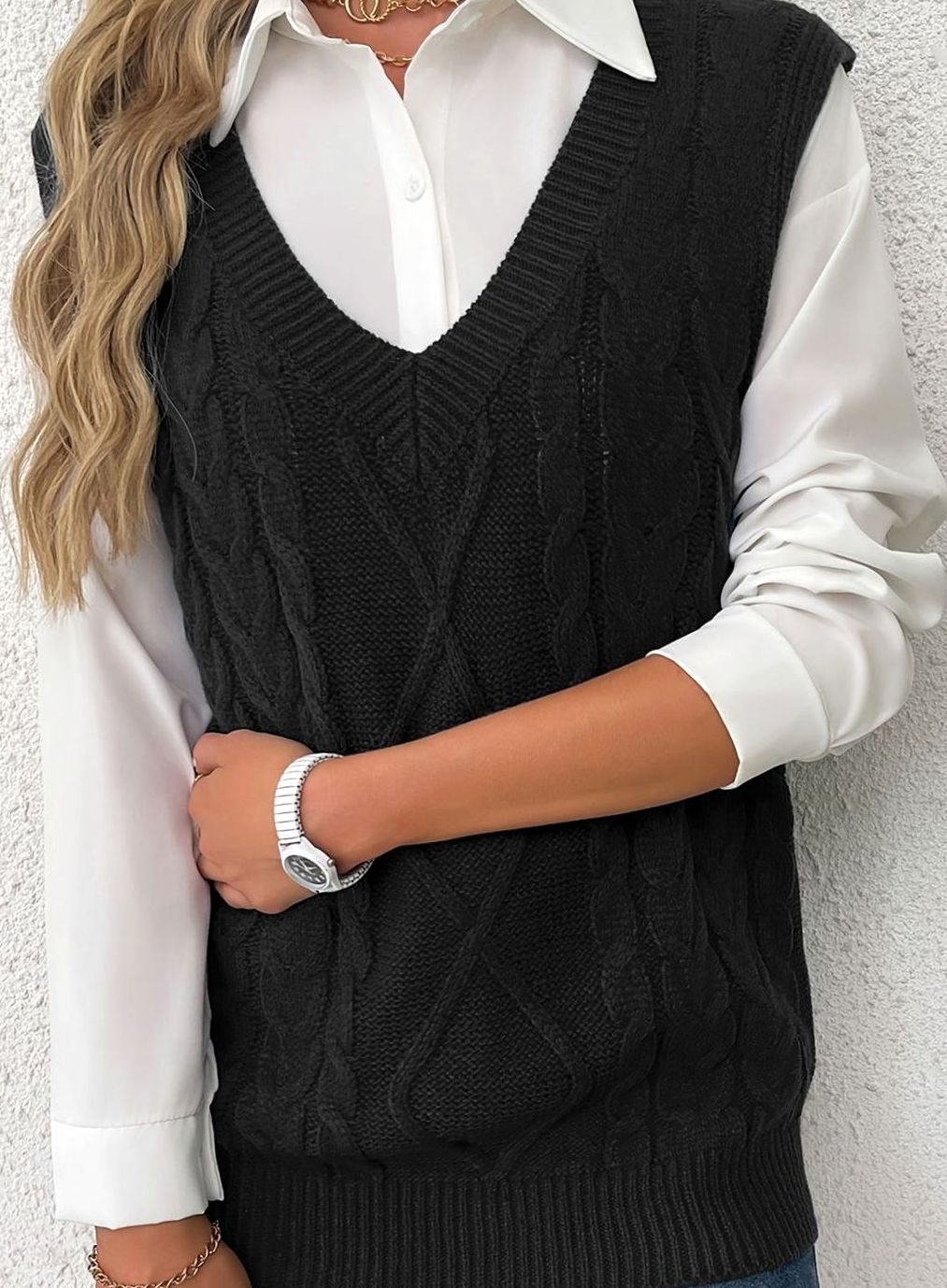 Kimberly | Cozy Oversized Cable Knit V-Neck Sweater Vest