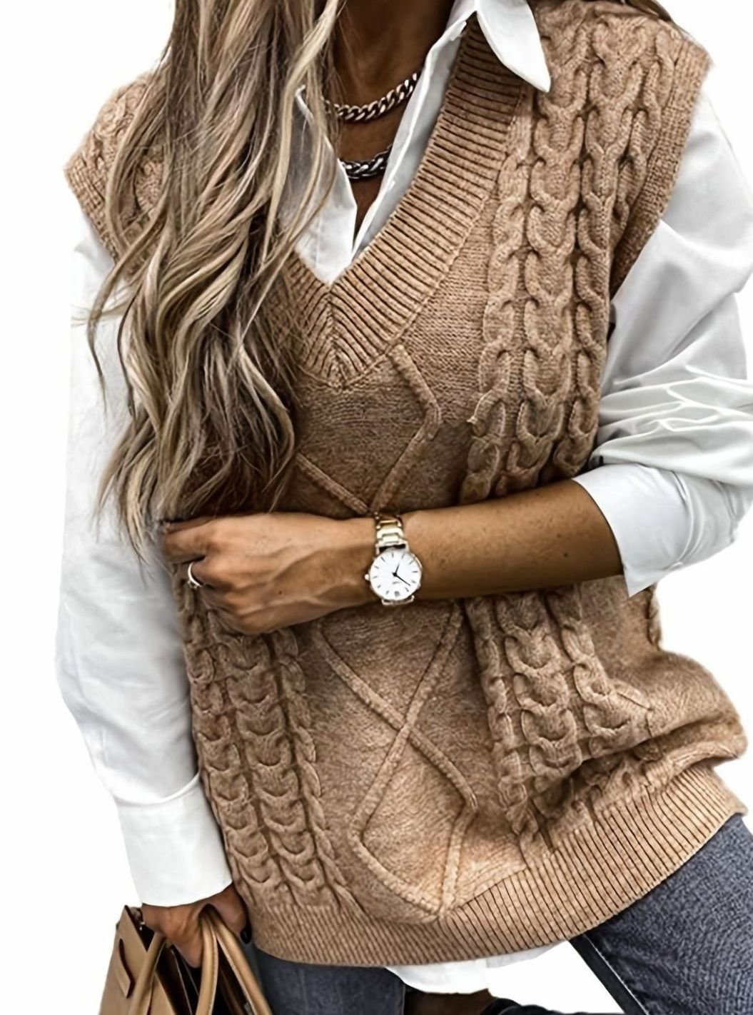 Kimberly | Cozy Oversized Cable Knit V-Neck Sweater Vest