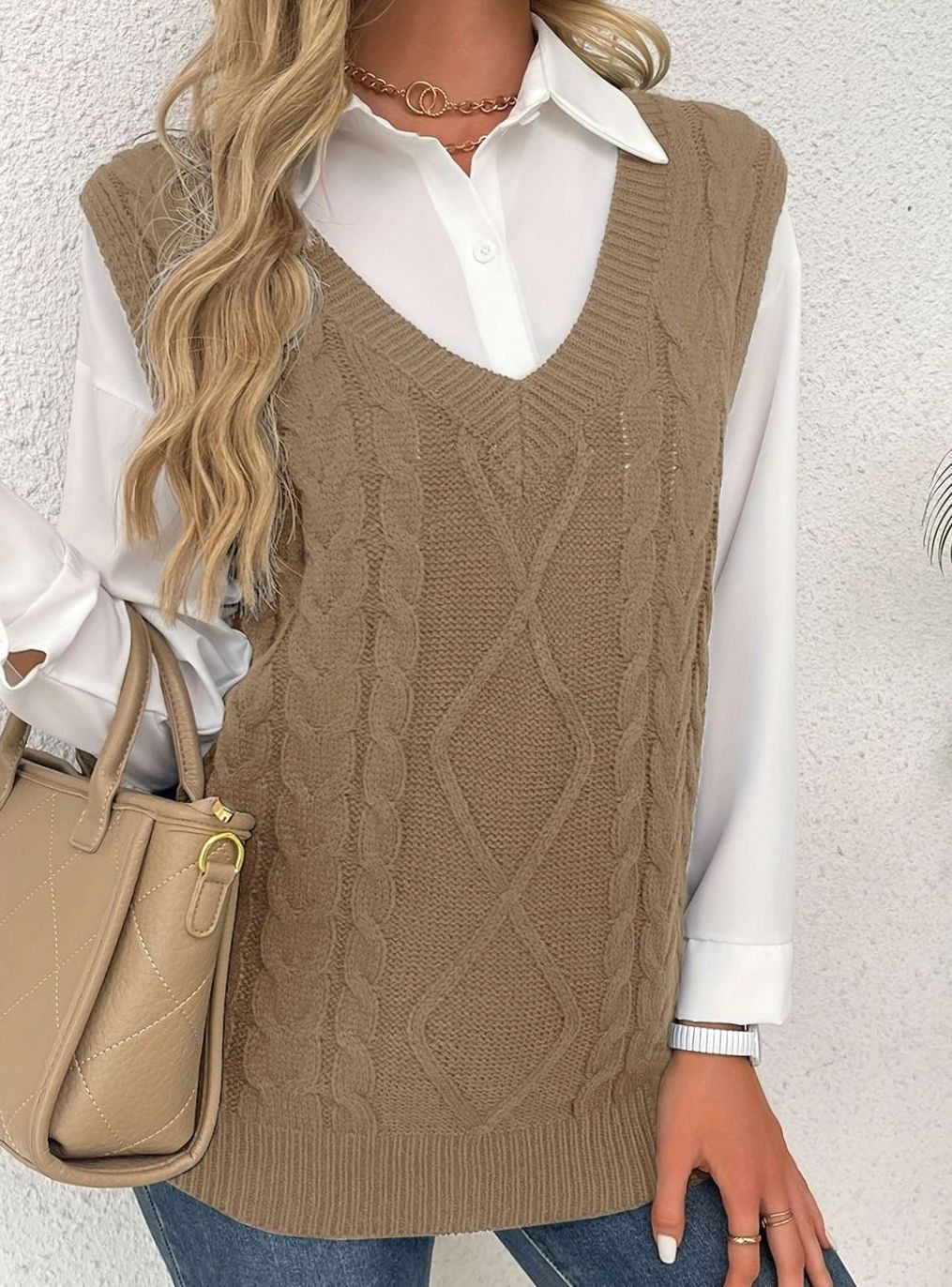 Kimberly | Cozy Oversized Cable Knit V-Neck Sweater Vest